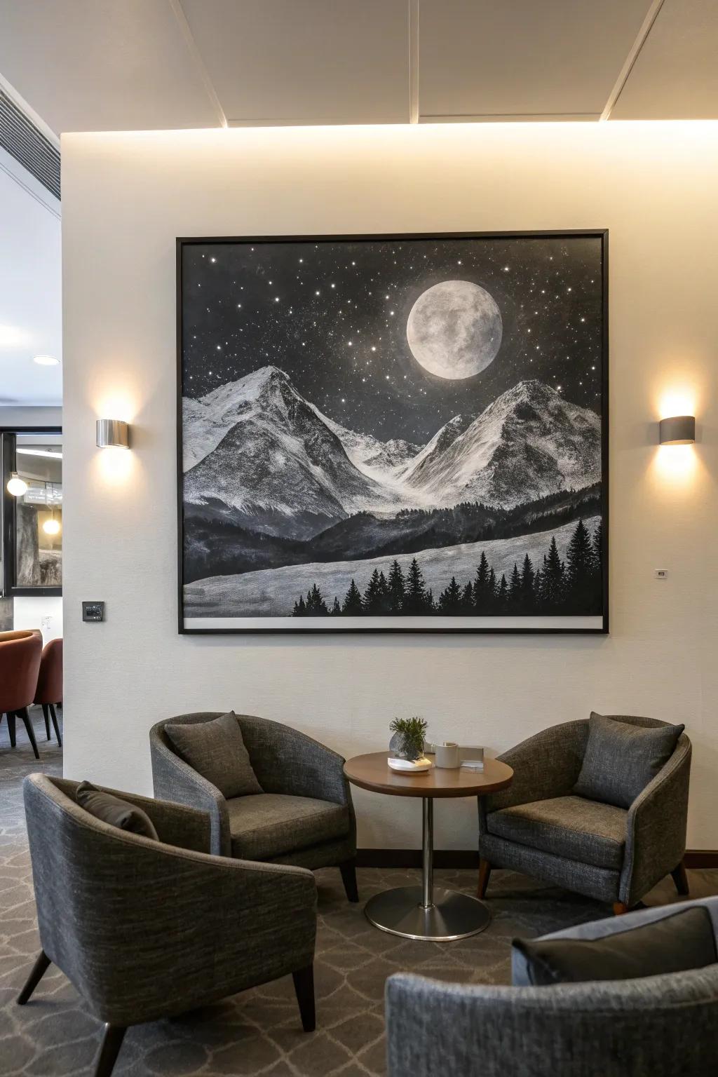 A mystical black and white painting of moonlit mountains and a starry sky.