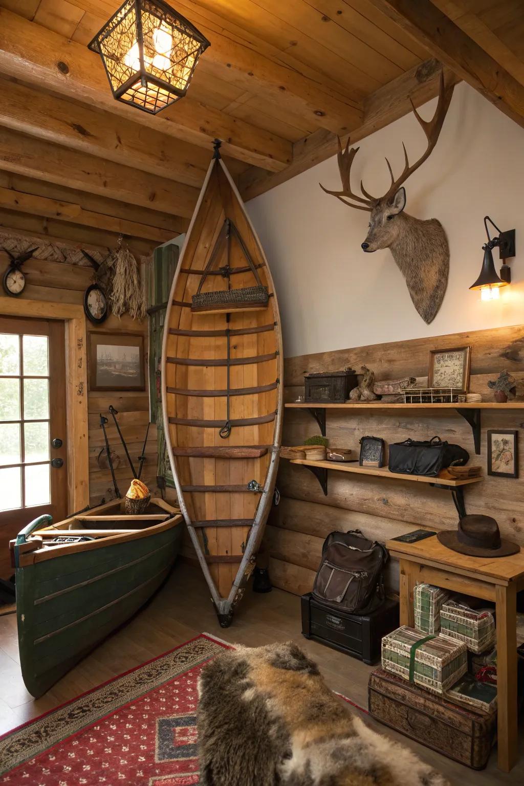 A vintage canoe adds a touch of adventure and creativity to your man cave.