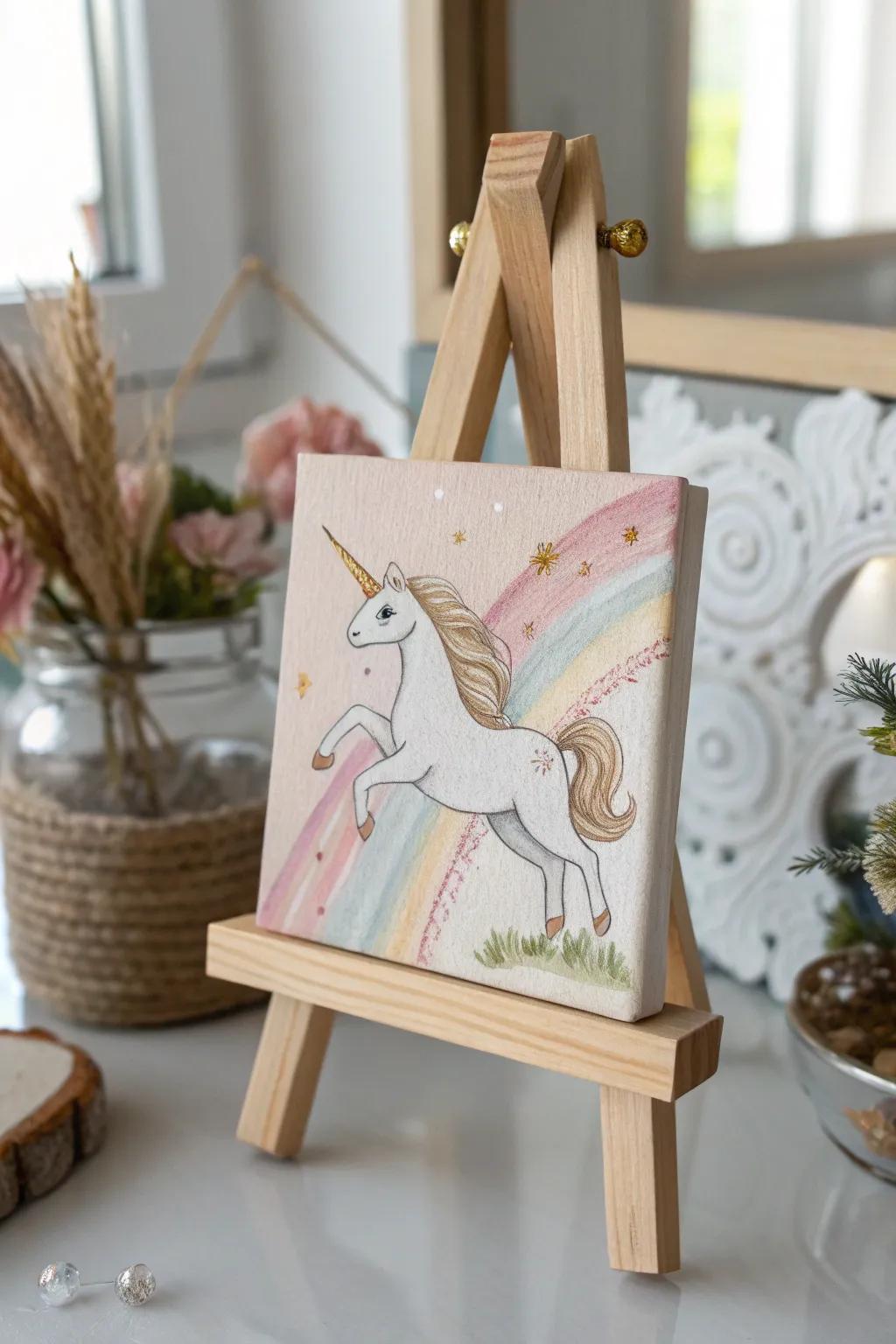 Step into a fairytale with this enchanting mini unicorn canvas, where simplicity meets magic.