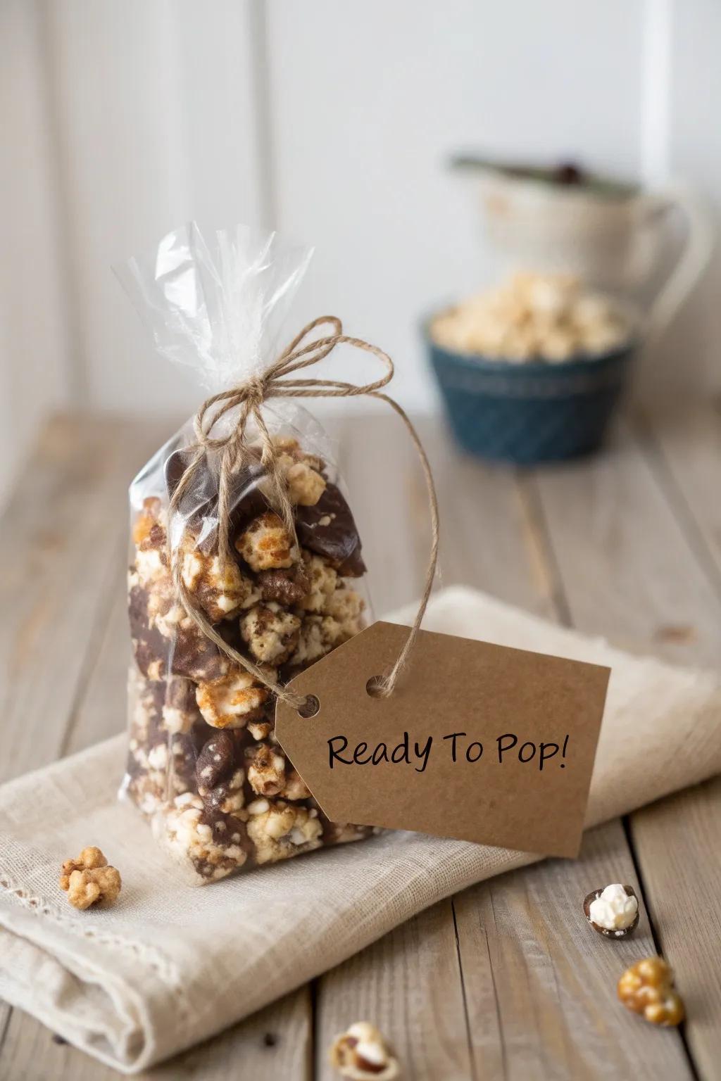 Elevate your baby shower with these charming 'Ready to Pop!' gourmet popcorn bags, blending simplicity with a touch of sweetness.