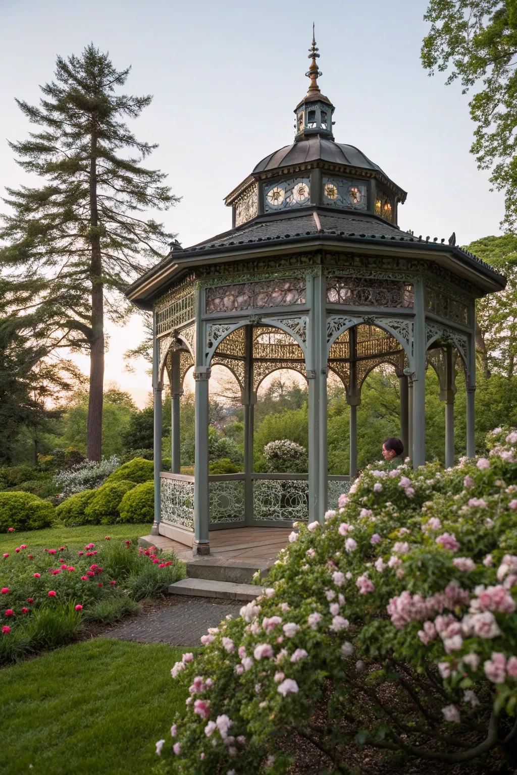 Mirrors add depth and reflect beauty in this cozy gazebo.