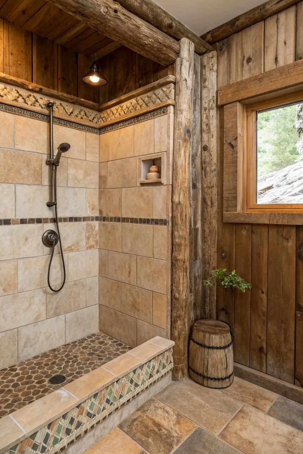 Rustic shower with textured ceramic tile edge trims