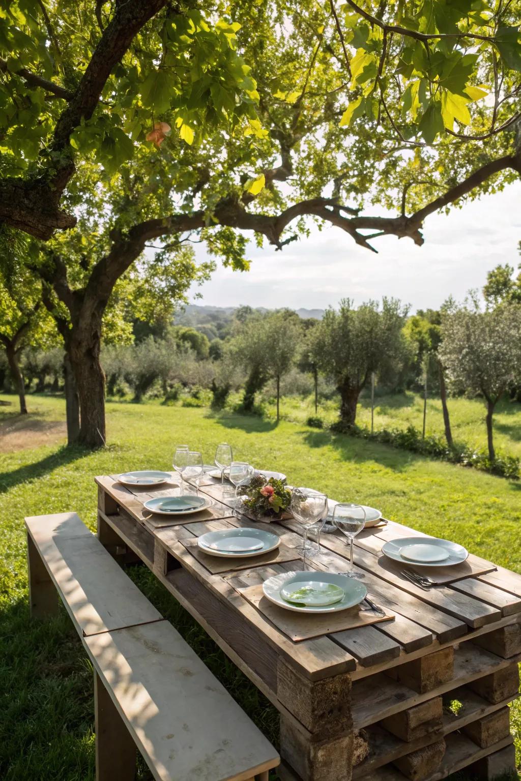 Enjoy outdoor meals with a pallet picnic table.