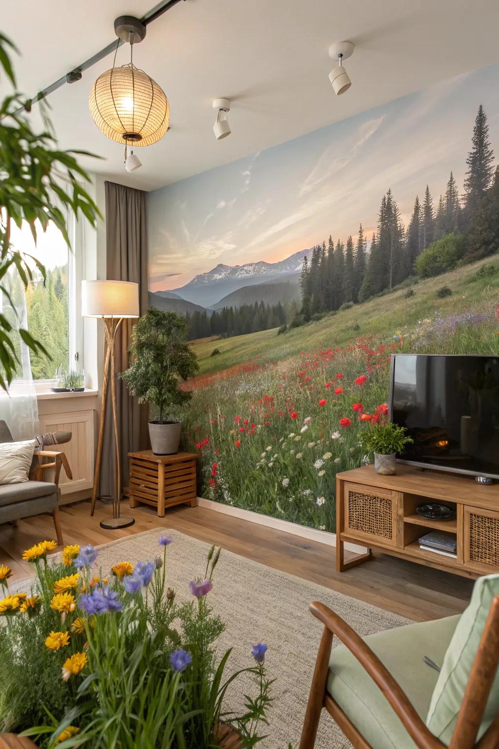 A wildflower meadow mural brings untamed beauty indoors.
