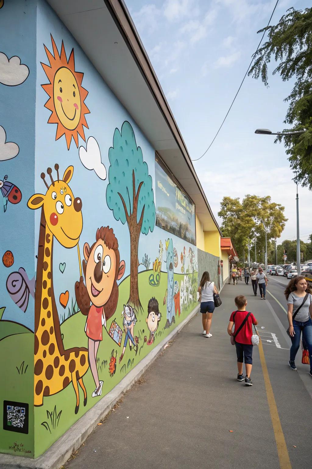 Playful murals create a fun and inviting space.