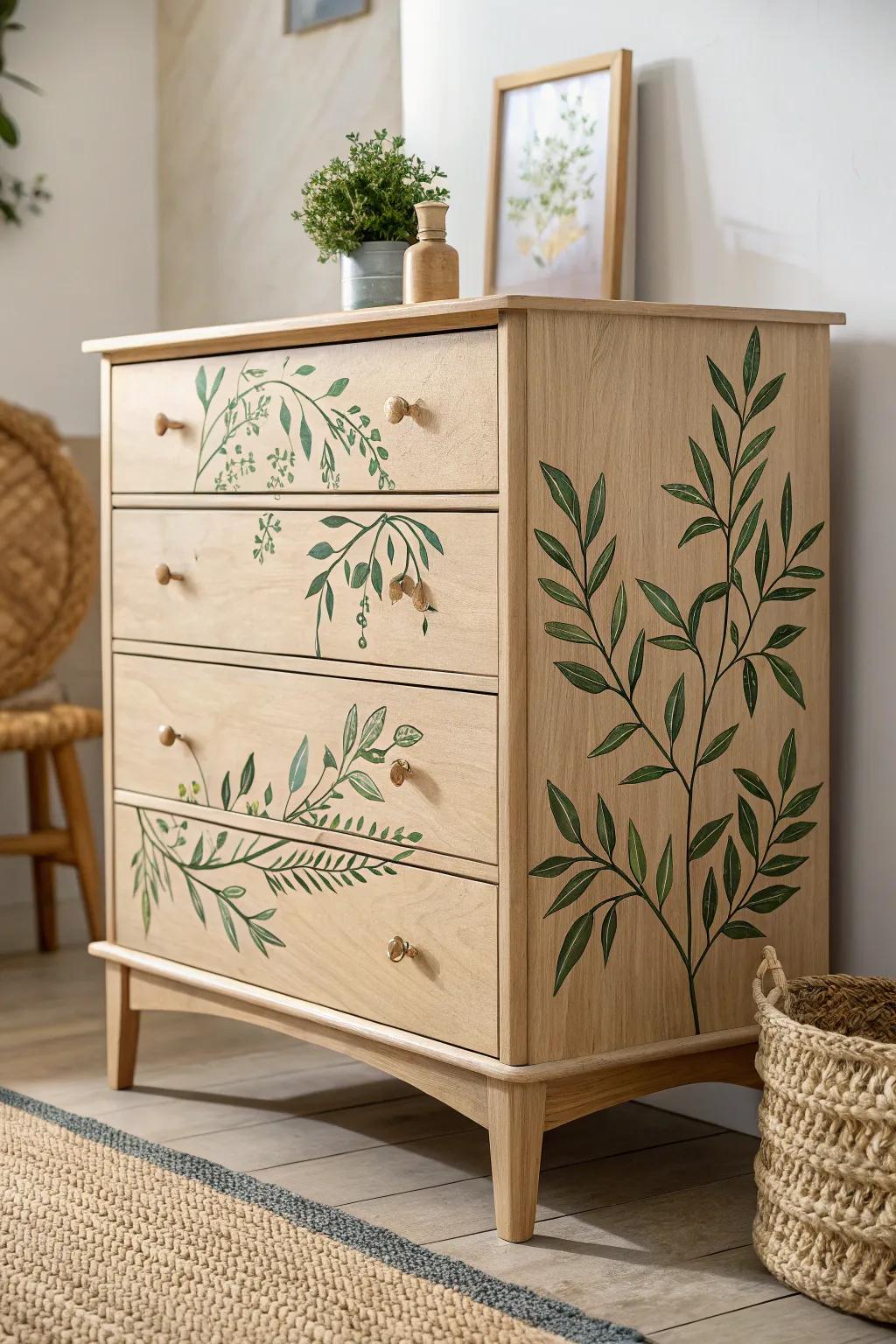 Bring the outdoors in with this nature-inspired chest of drawers, where minimalist design meets botanical beauty.