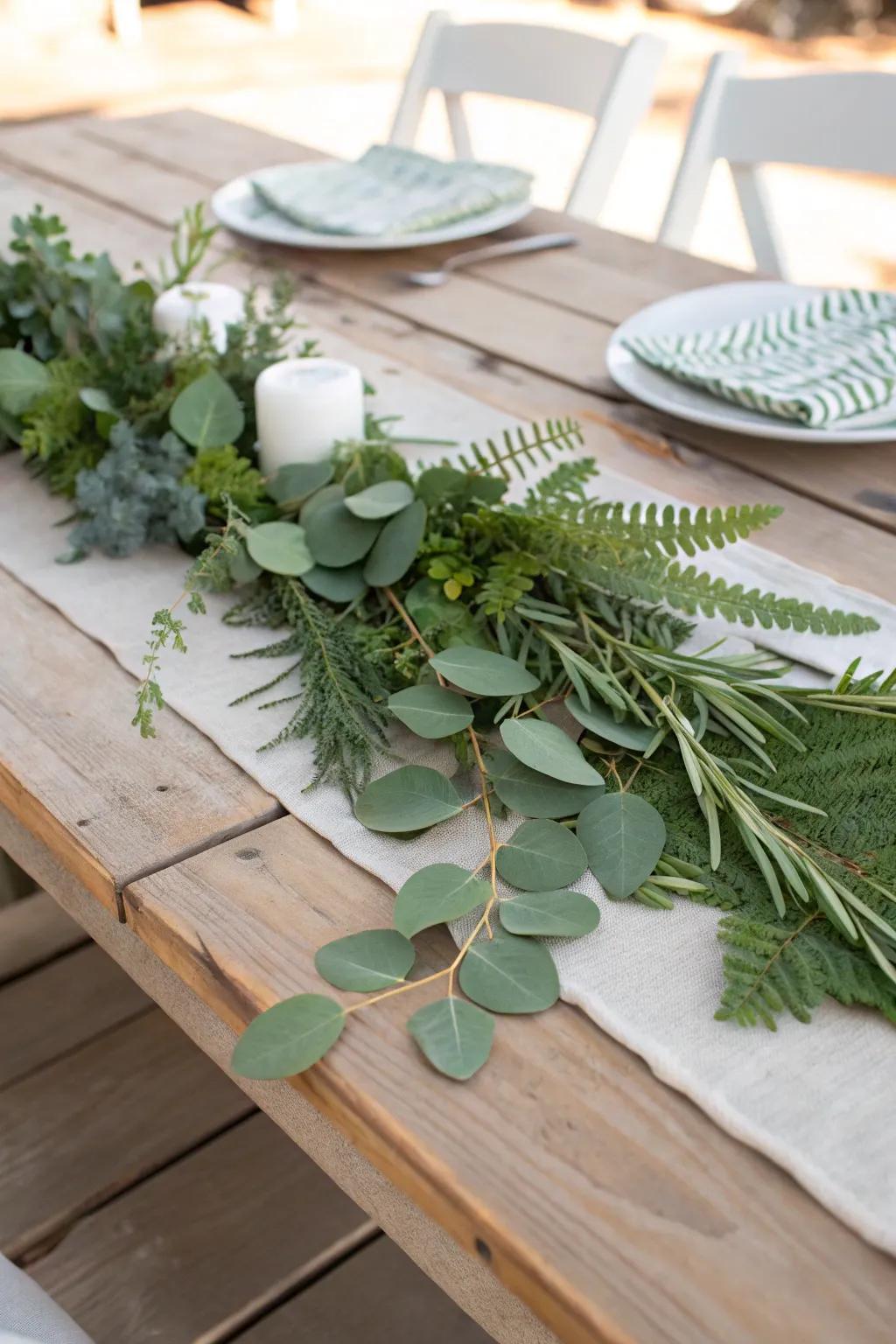 Elevate your wedding decor with a touch of natureâlush greenery table runners that blend simplicity with elegance.