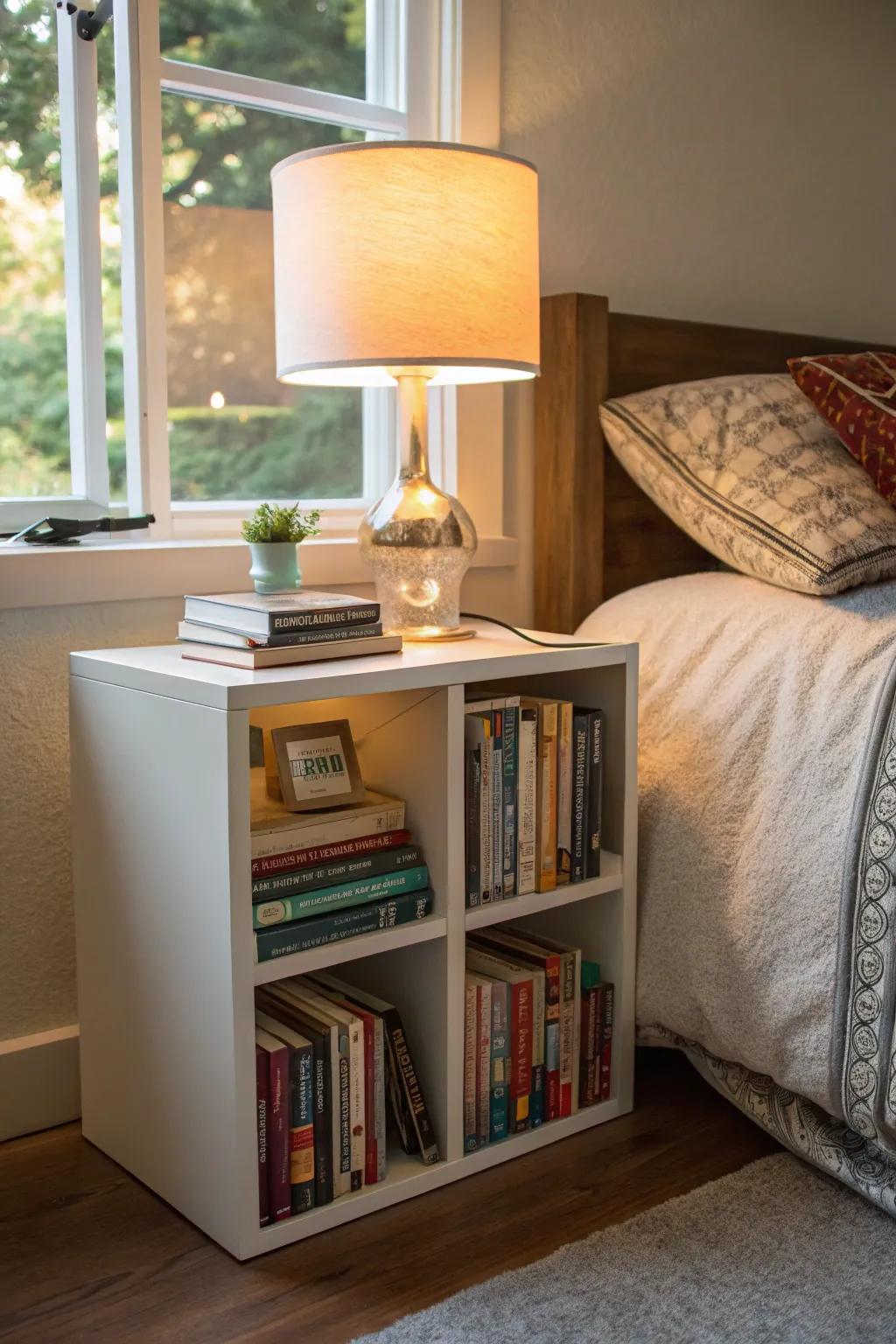 Create a personal reading sanctuary with book-filled cubes.