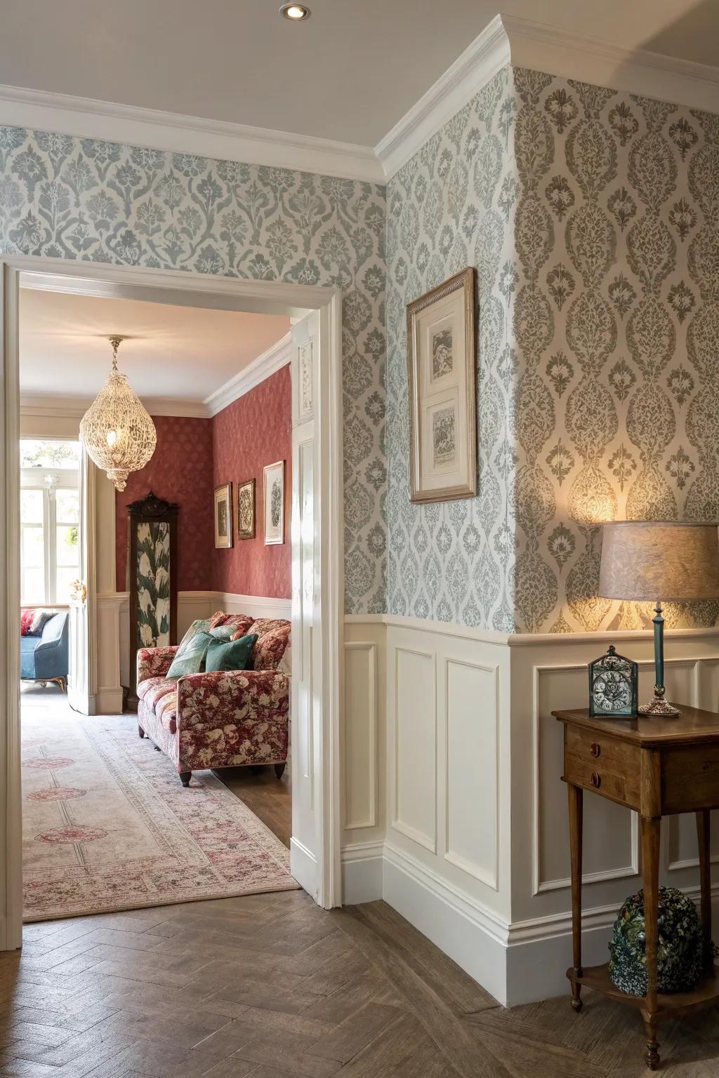 Partial wallpapering adds depth and coziness to expansive spaces.