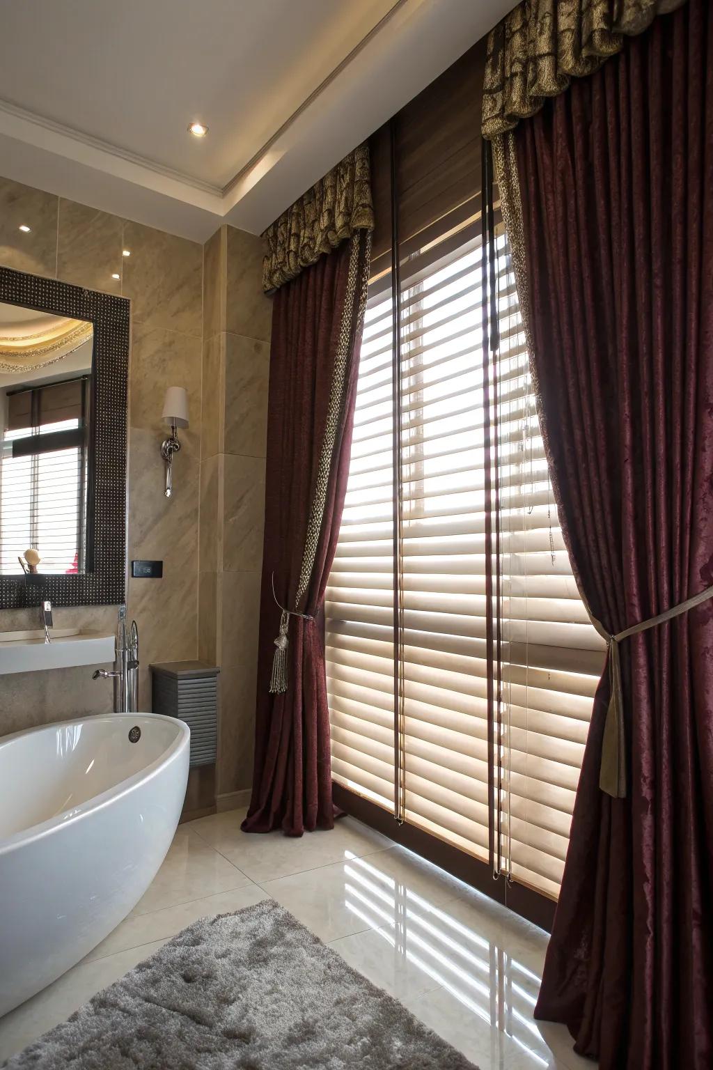 Layered blinds and curtains create depth and drama.