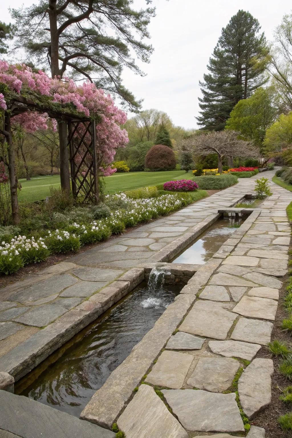 A stone walkway enhanced by a tranquil water feature.