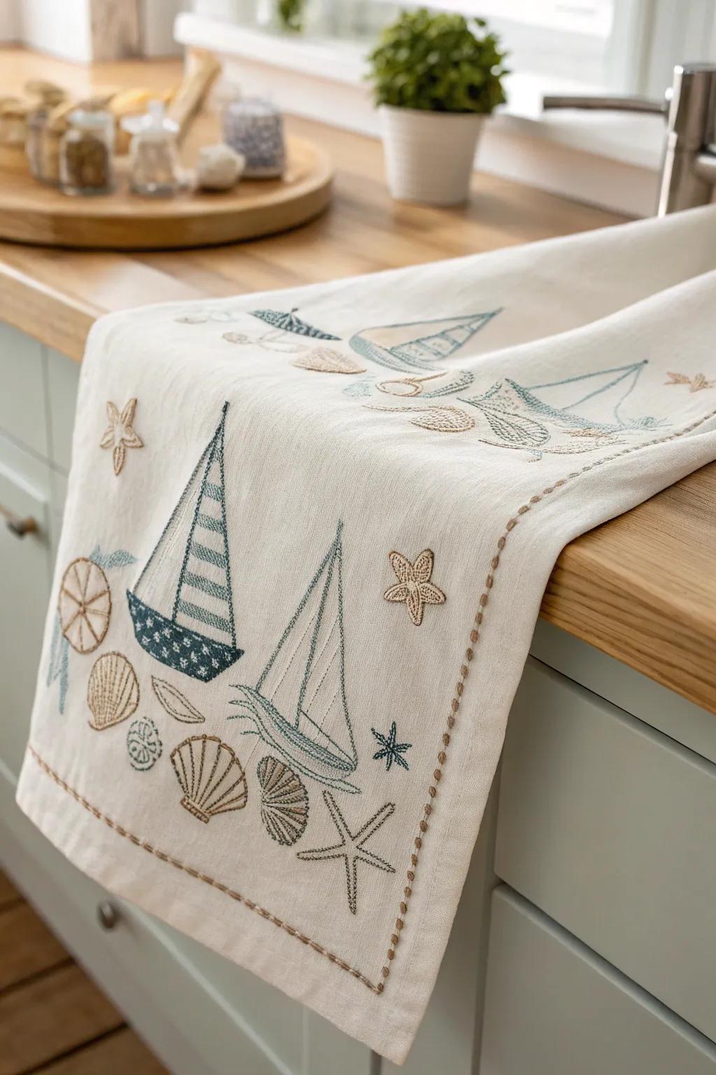 Embrace the coastal charm in your kitchen with handcrafted nautical tea towels.