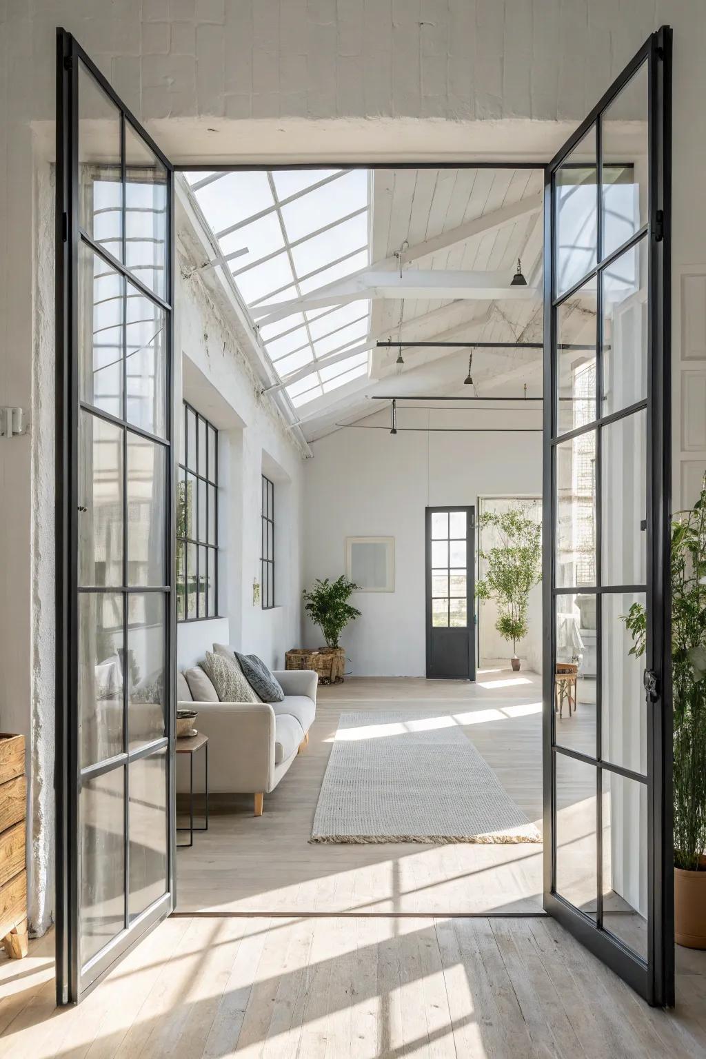 Glass panel doors offer a blend of transparency and privacy, ideal for airy lofts.