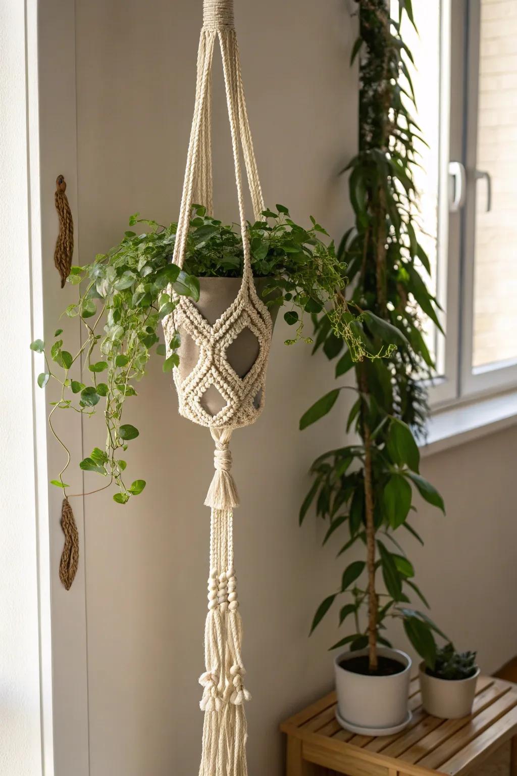 Elevate your greenery with the elegance of handcrafted macramé plant hangers.