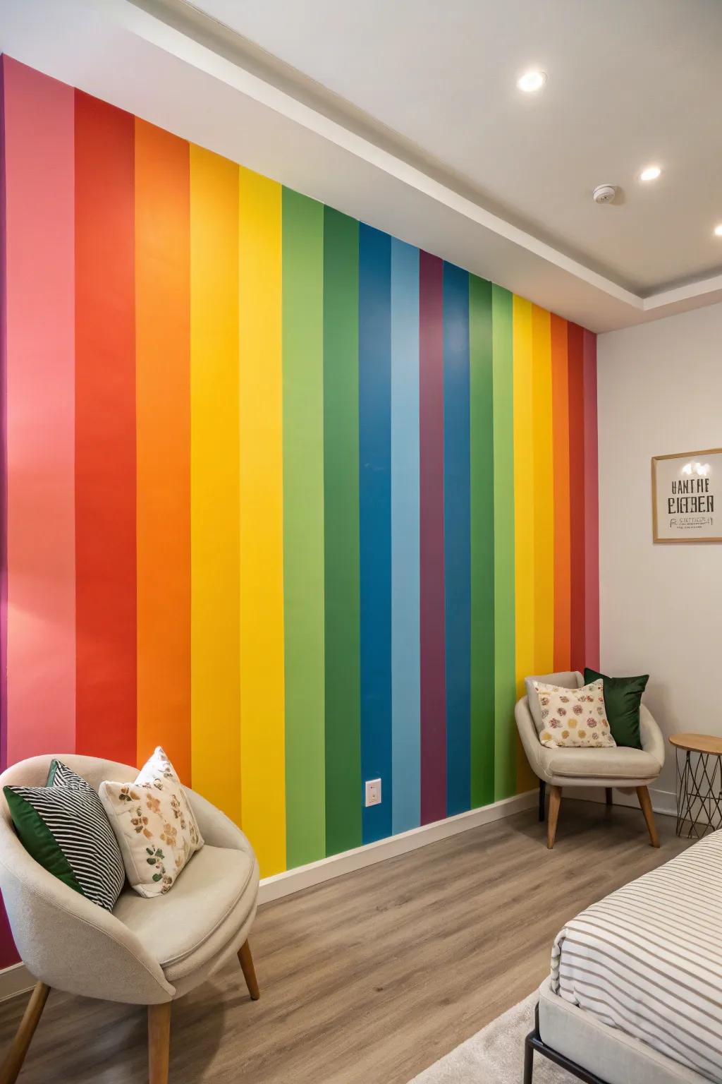 A striking rainbow accent wall adds playfulness and depth.