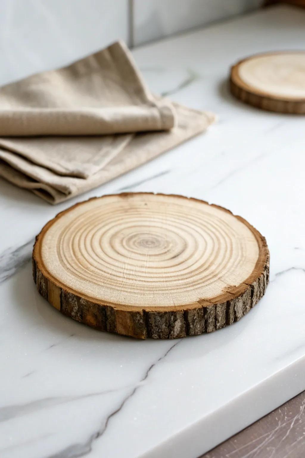 Bring rustic elegance to your table with handcrafted wood slice coasters.