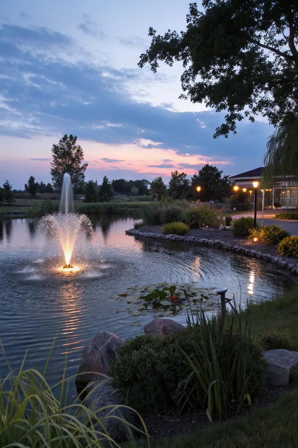 Floating fountains with lights add a magical ambiance to your pond during the evening.