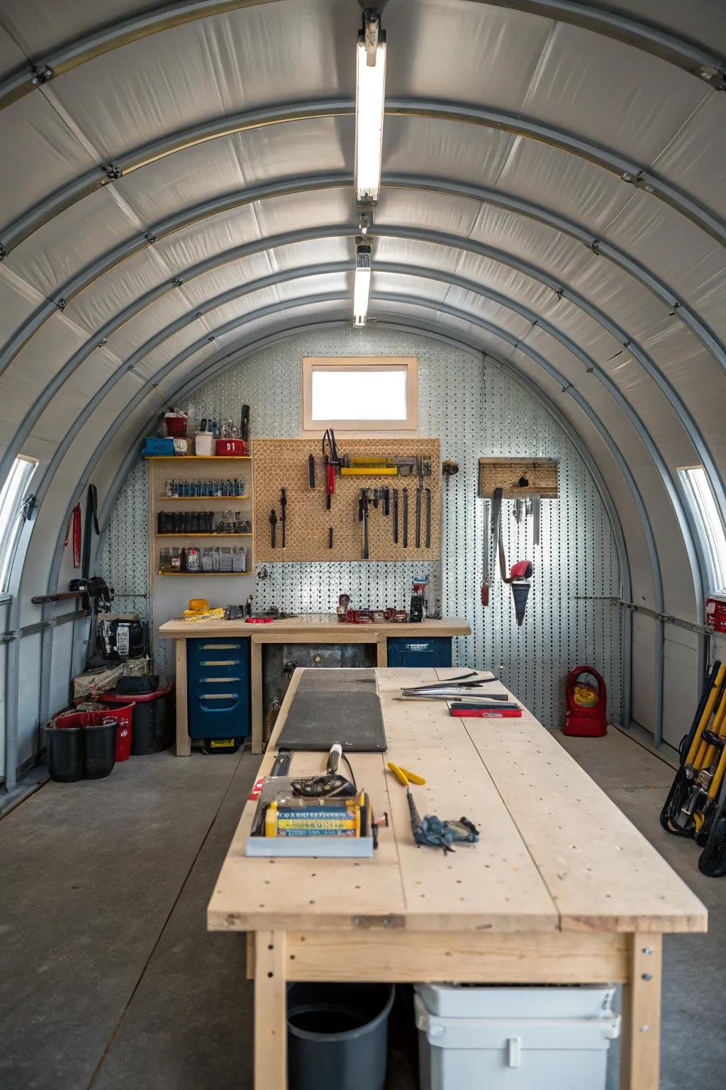 A Quonset hut organized into a perfect craft workspace with wall-mounted storage.