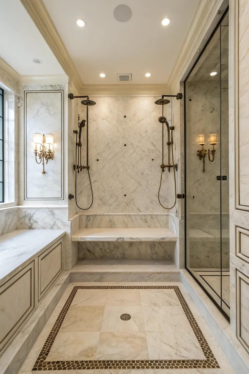 Elegant marble bench seating in a double shower for added comfort.