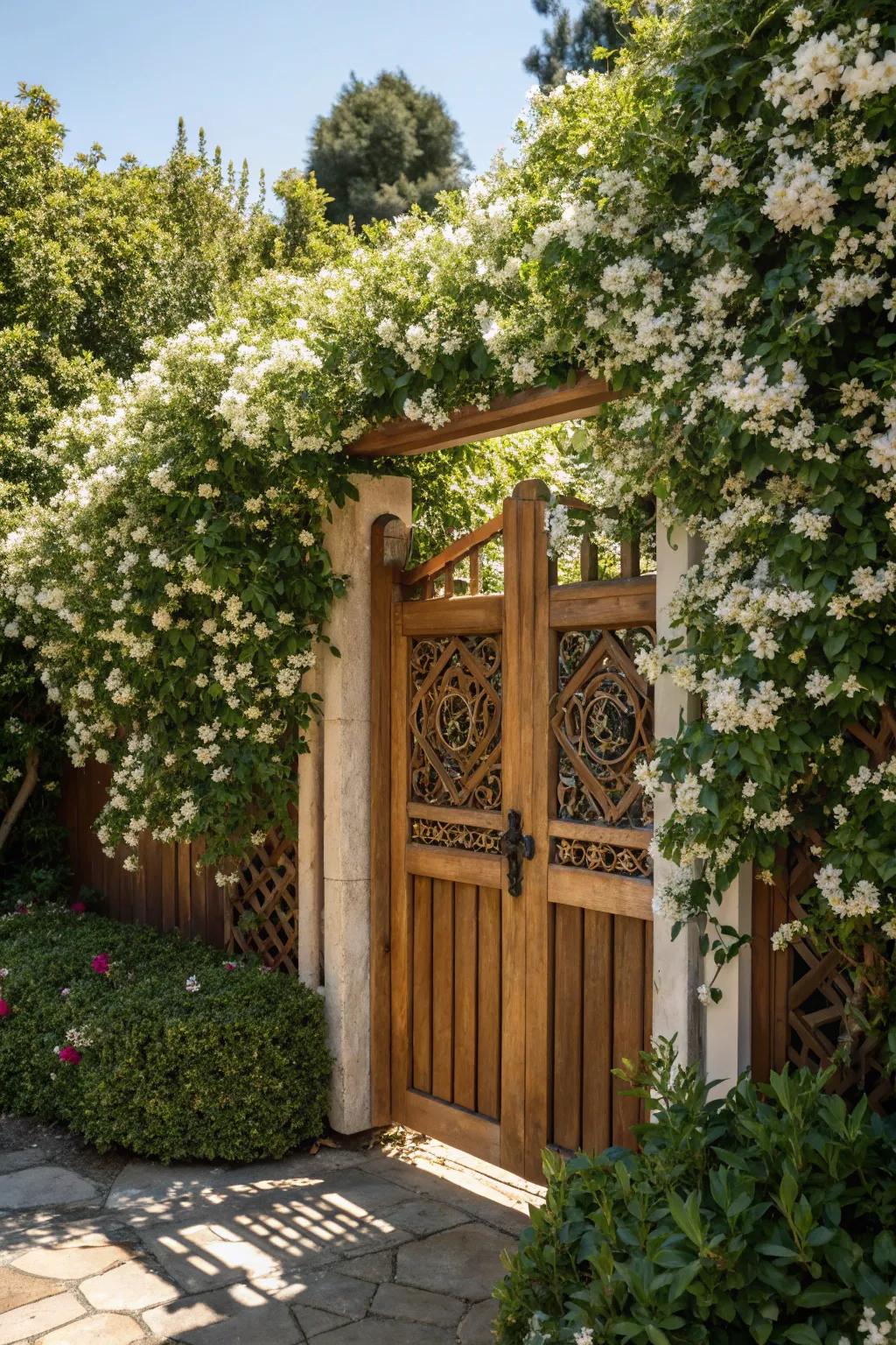 Elevate your garden entrance with a handcrafted gate embraced by nature's beauty.