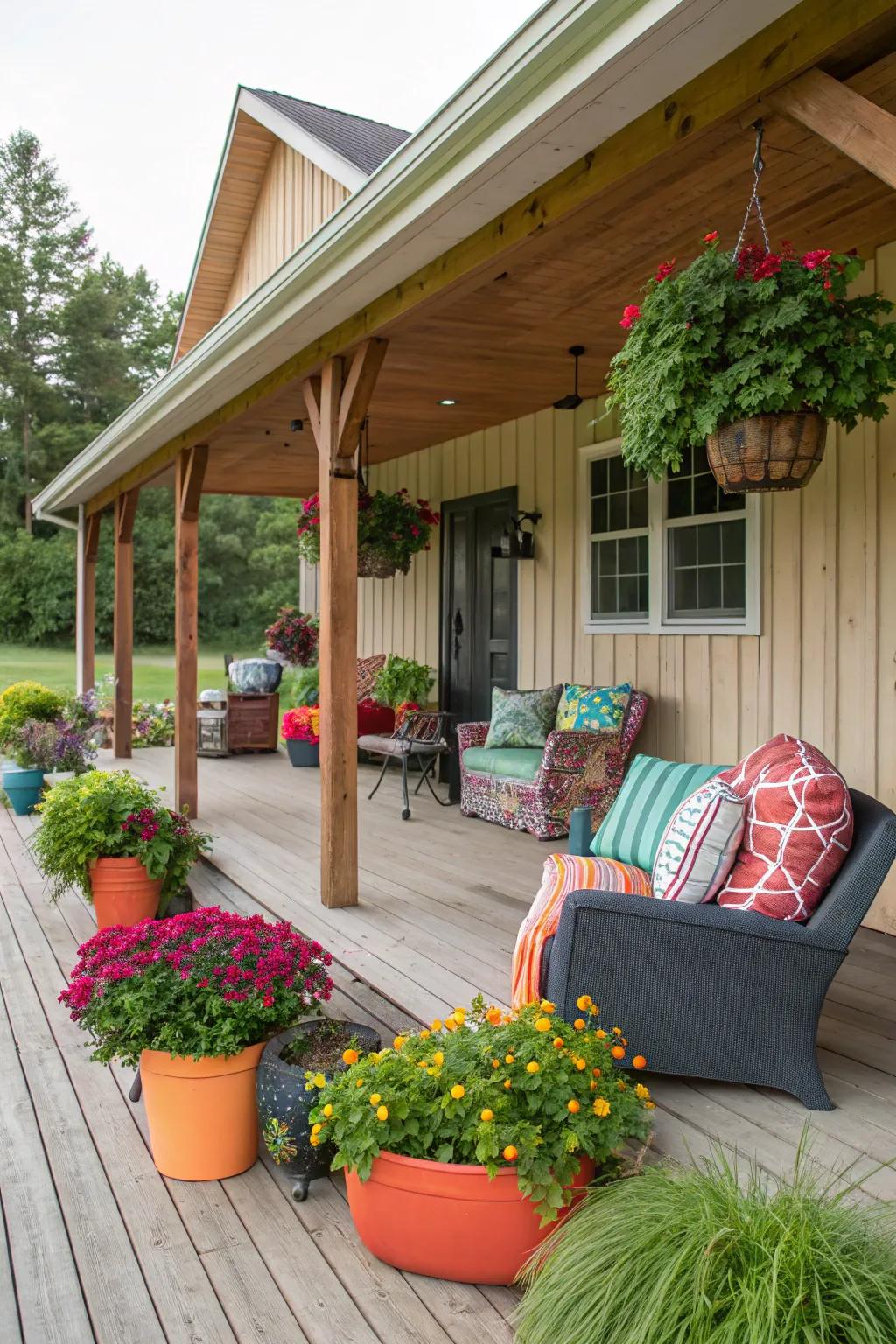 Colorful accents add a lively touch to any porch.