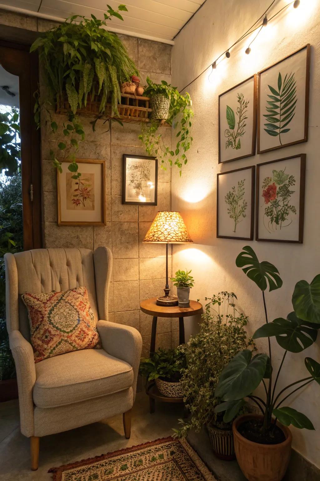 Decorative accents like plants and artwork personalize a small nook.