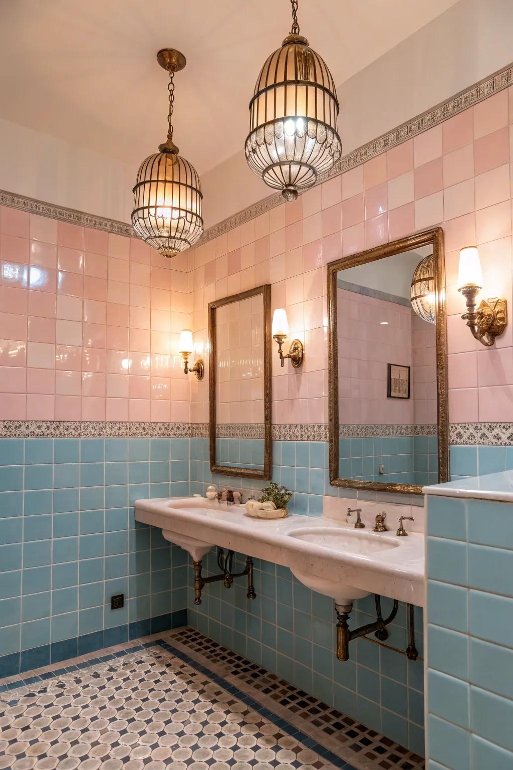 An inviting bathroom with pastel-colored tiles and vintage light fixtures.