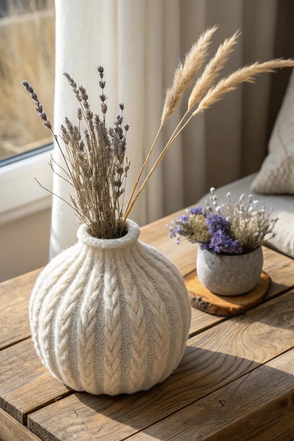 Embrace the art of simplicity with textured wool vessels, perfect for adding a touch of rustic elegance to any space.