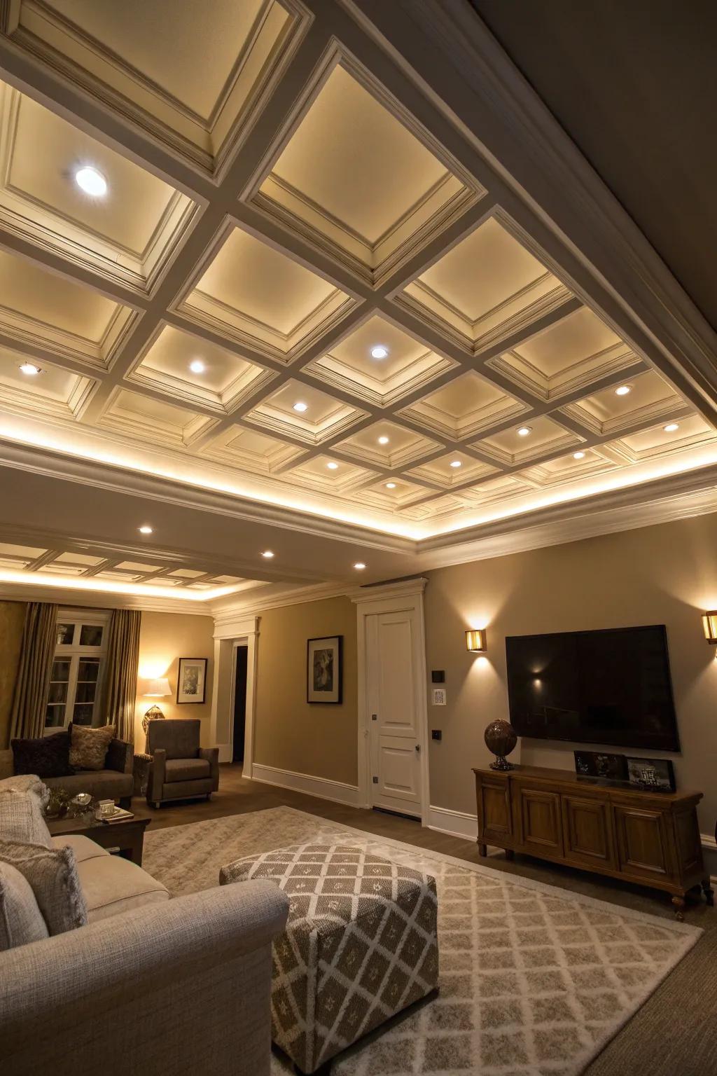 Soft lighting integrated into a coffered ceiling creates a welcoming ambience.