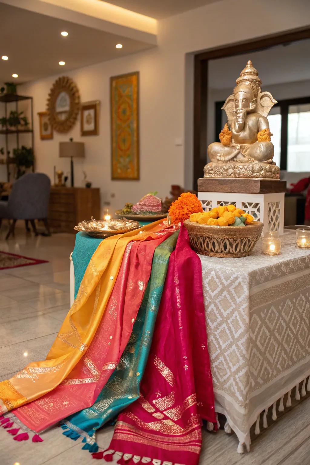 Colorful dupattas add texture and movement to this Ganpati setup.