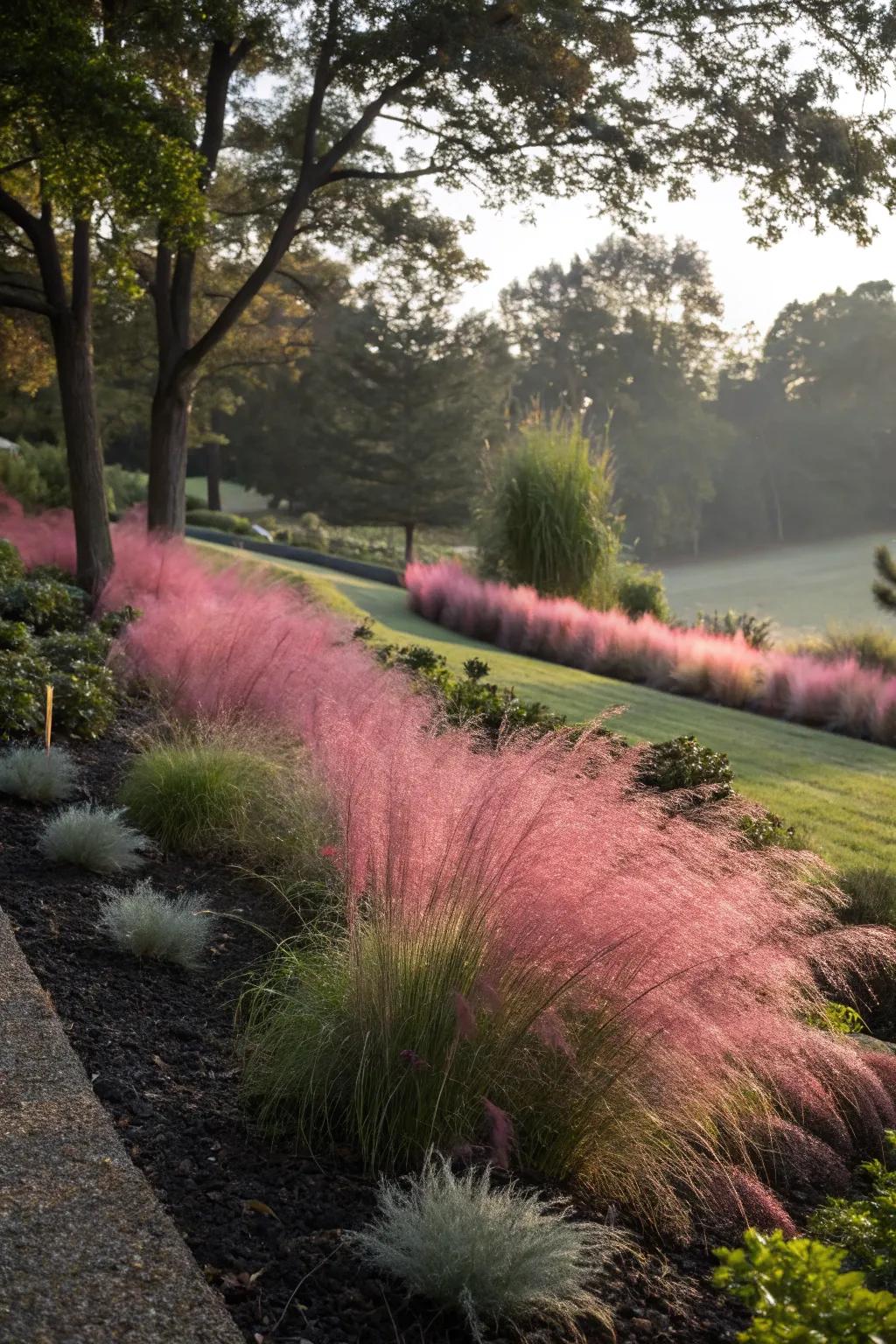 Make pink muhly grass pop with dark foliage contrast.