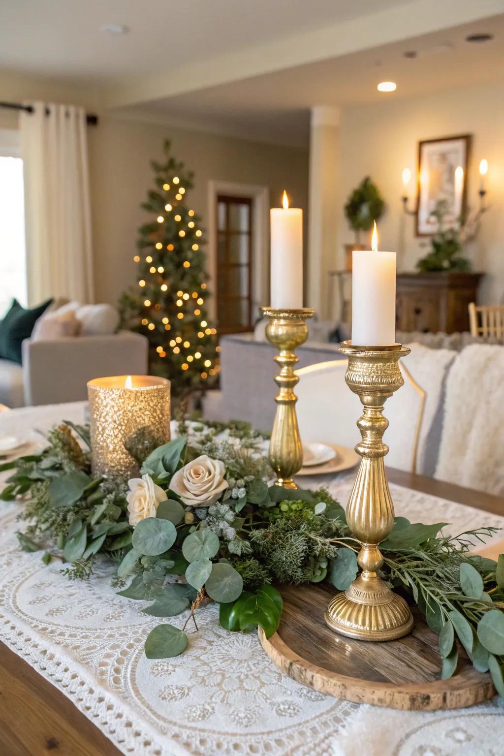 A golden anniversary centerpiece featuring glowing candles and greenery.