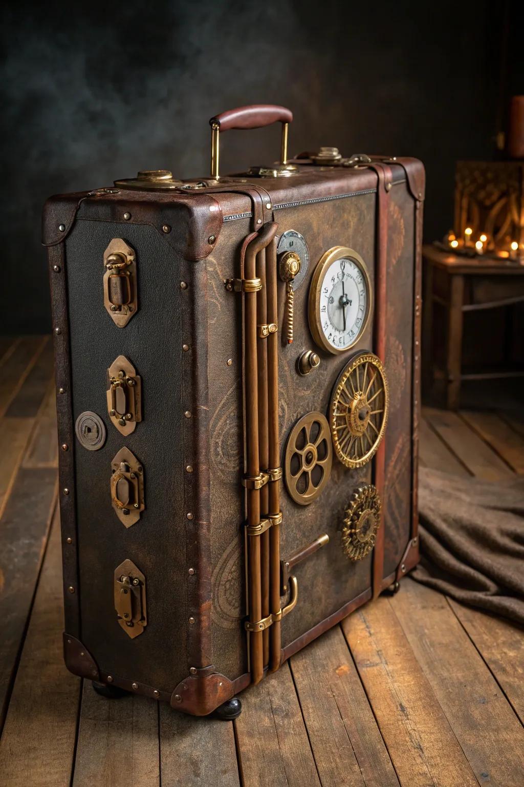 Travel in style with a bespoke steampunk suitcase cover that turns your luggage into a work of art.