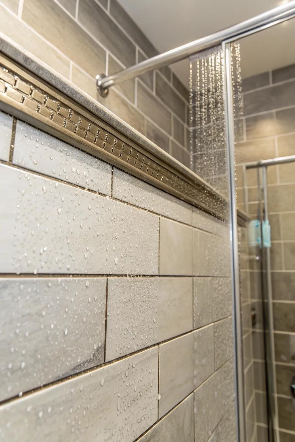Modern shower featuring brushed nickel tile edge trims