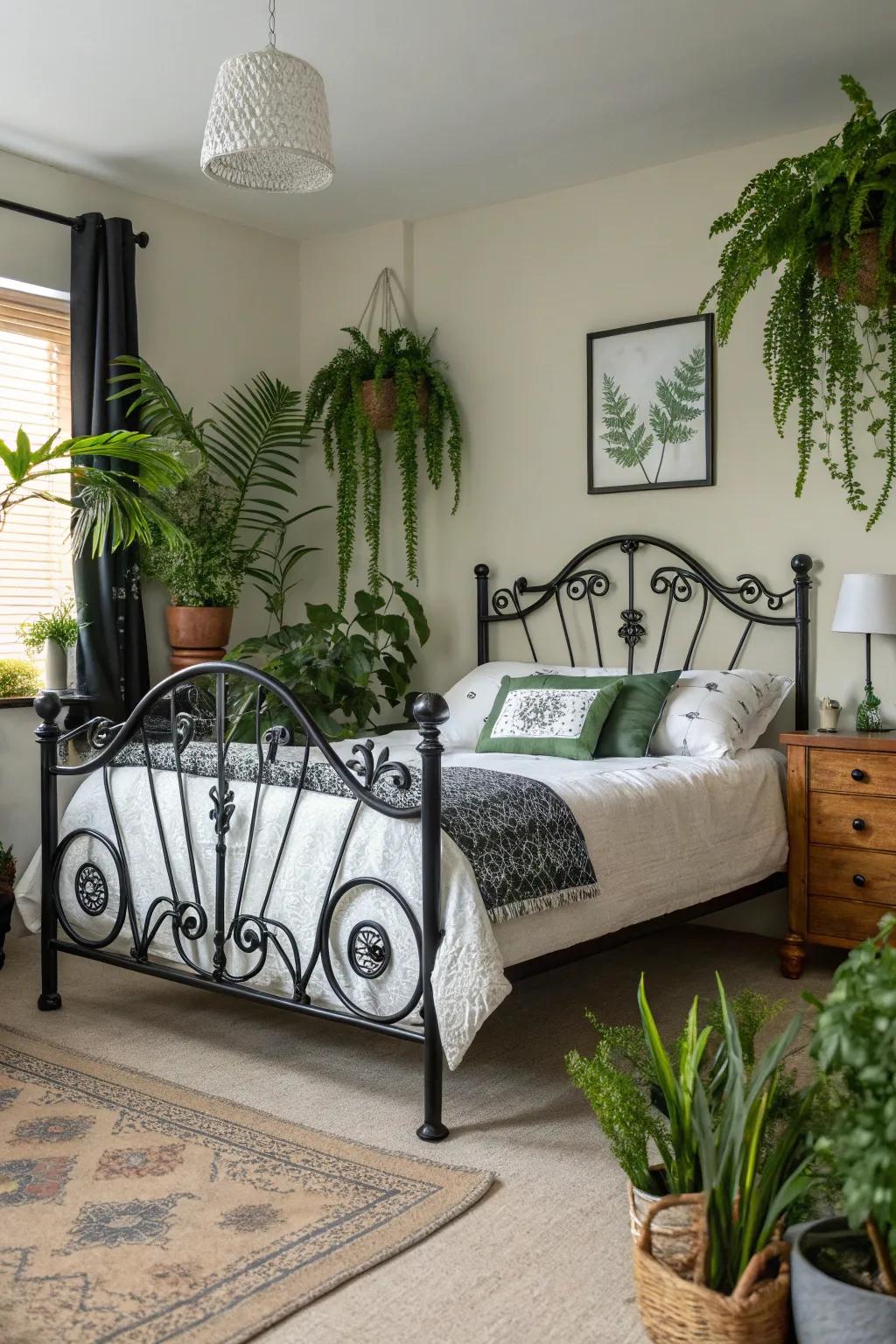 Greenery complements the black iron frame, adding a vibrant feel to the space.
