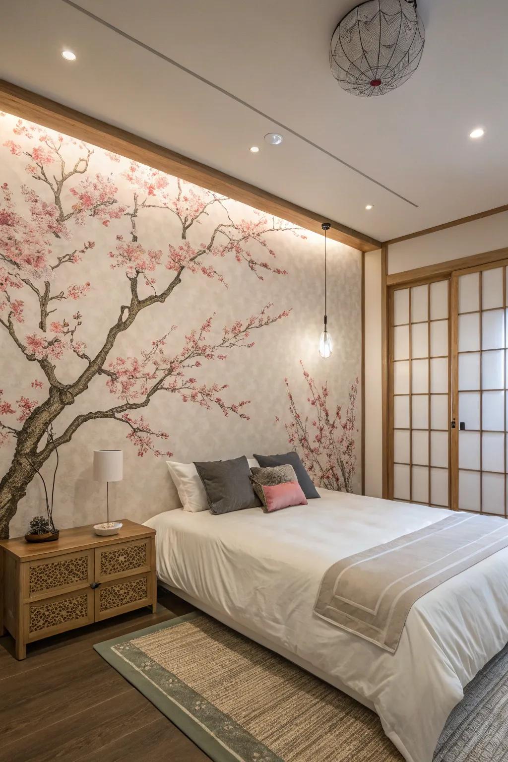 A cherry blossom mural adds a touch of tranquility to any room.