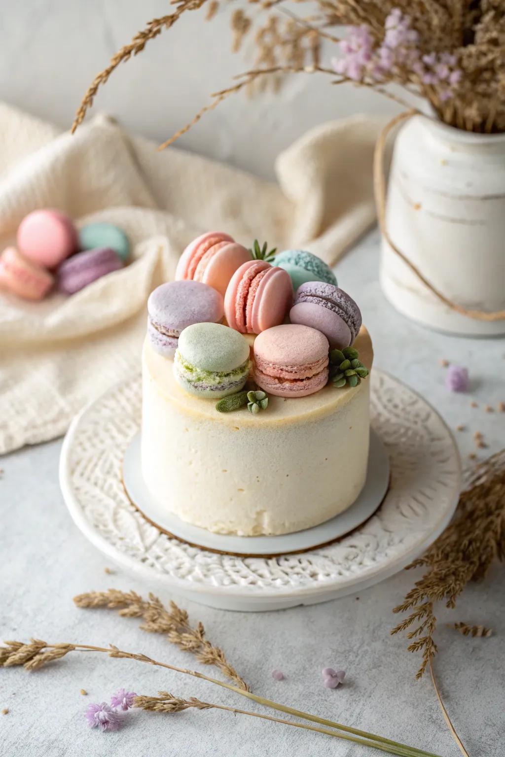 Elevate your Mother's Day with a touch of elegance: Vanilla mini cake topped with pastel macarons.