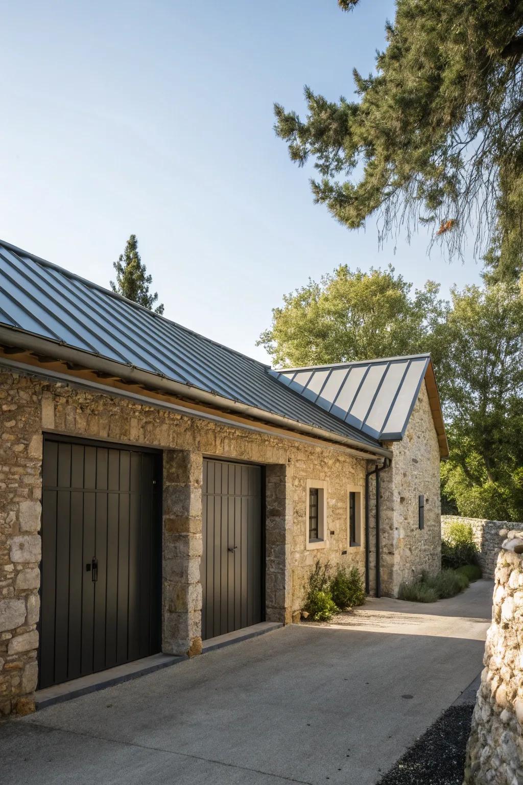 The perfect marriage of stone and metal for a durable garage.