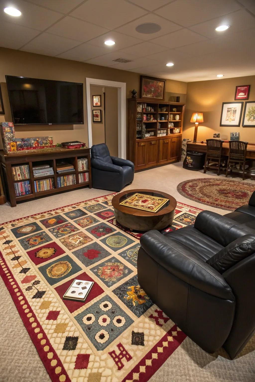 Themed rugs and decor add character and comfort to the room.