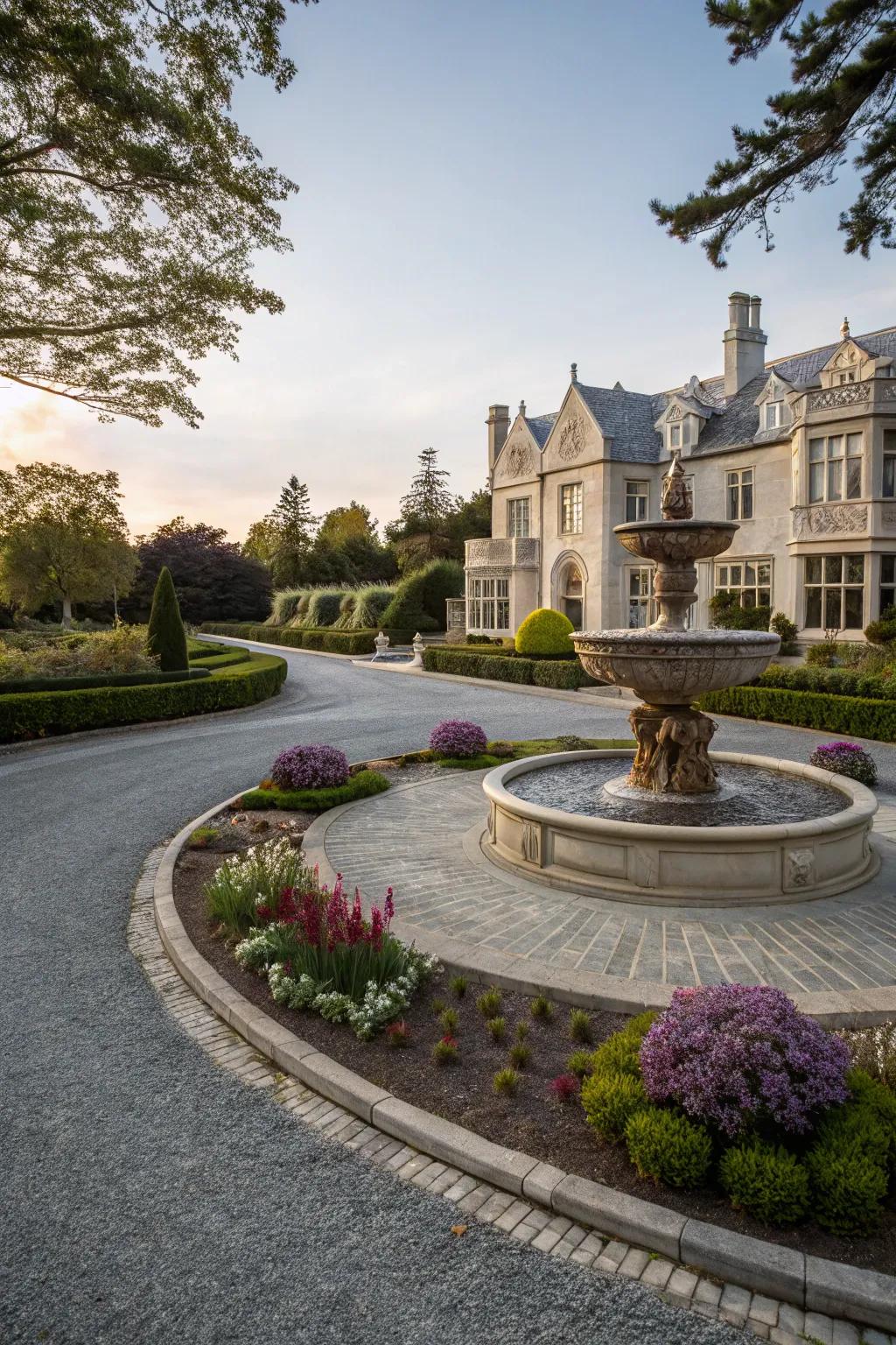 A grand fountain as the centerpiece of a circular driveway.