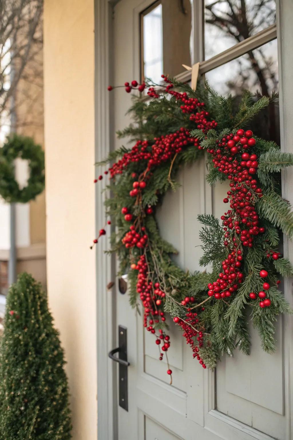 Berry-laden wreaths are an inviting touch.