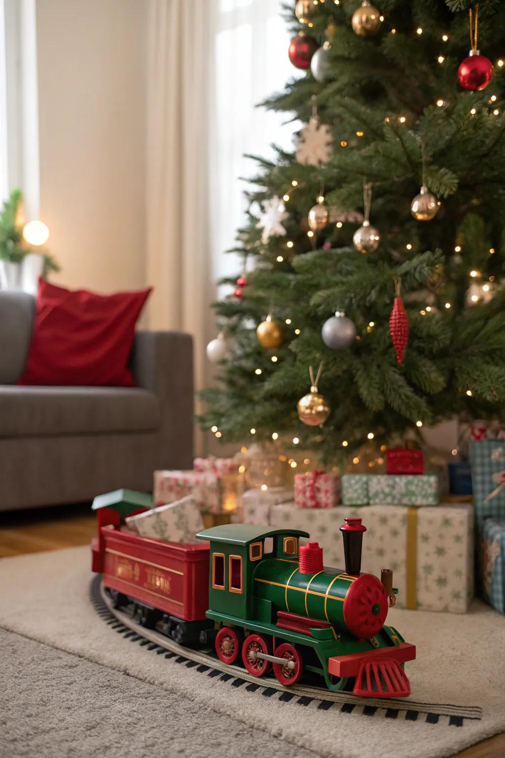 A classic red and green train set harmonizes with traditional Christmas decor.