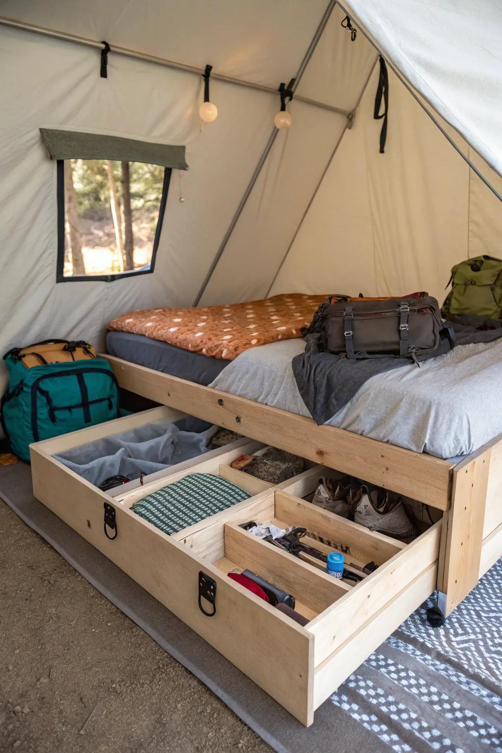 A DIY bed frame with storage, blending creativity with camping functionality.