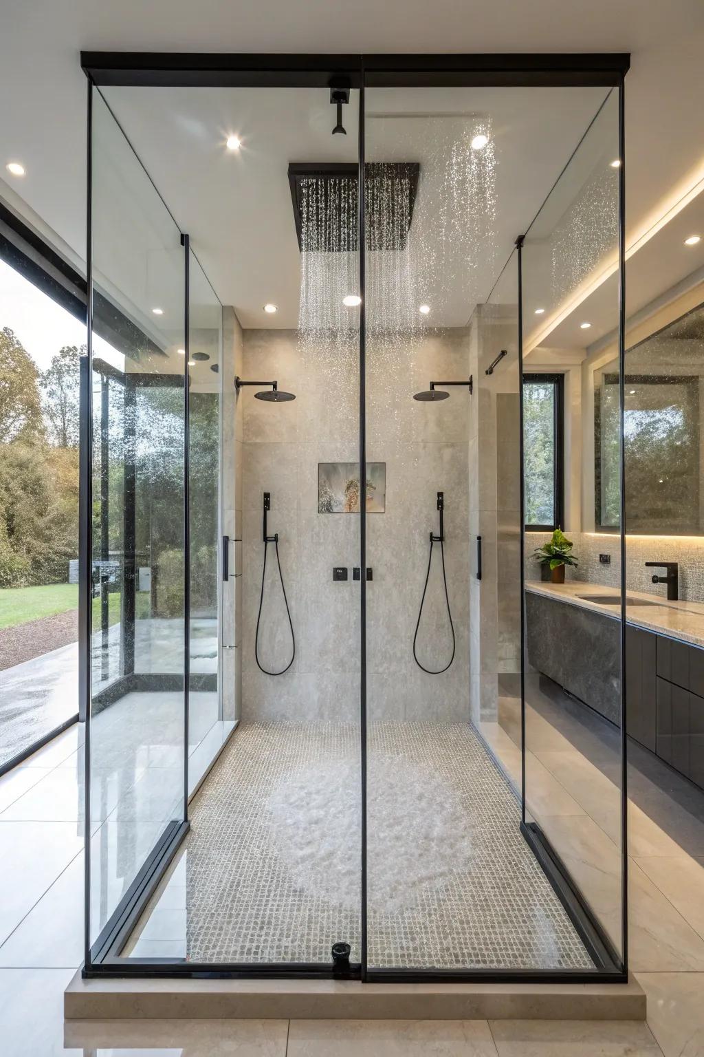 Floor-to-ceiling glass panels enhance the openness of the shower space.