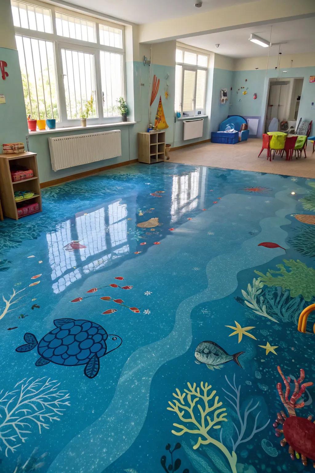 A whimsical children's playroom featuring an underwater-themed epoxy floor.