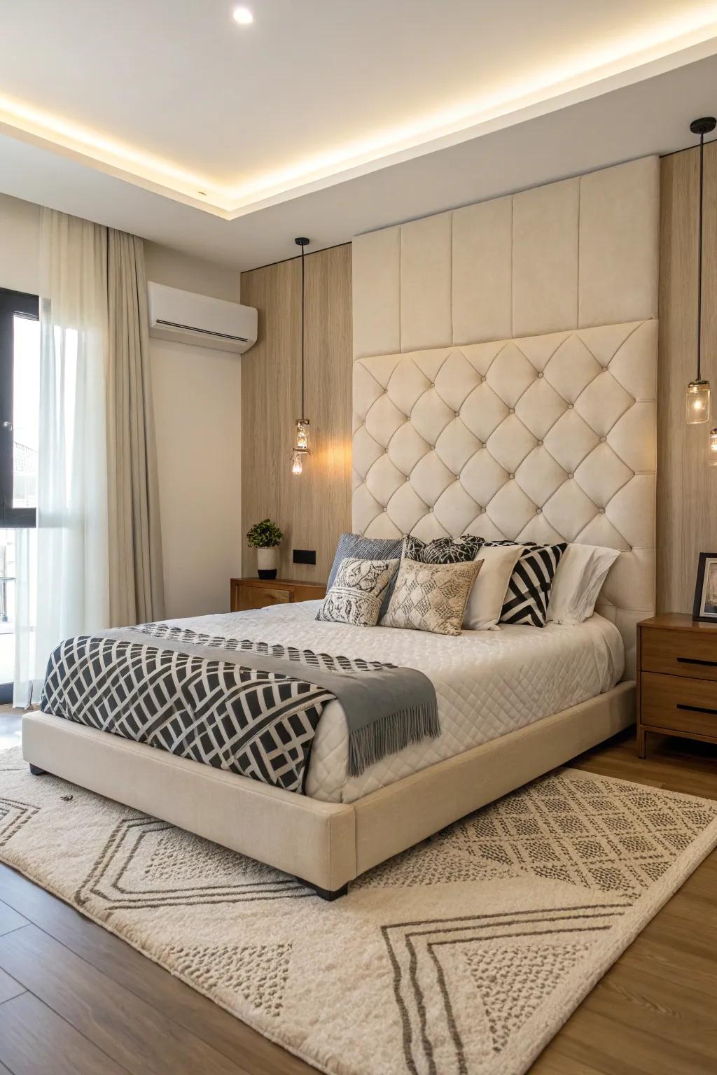 Geometric patterns add a modern twist to this beige headboard setting.