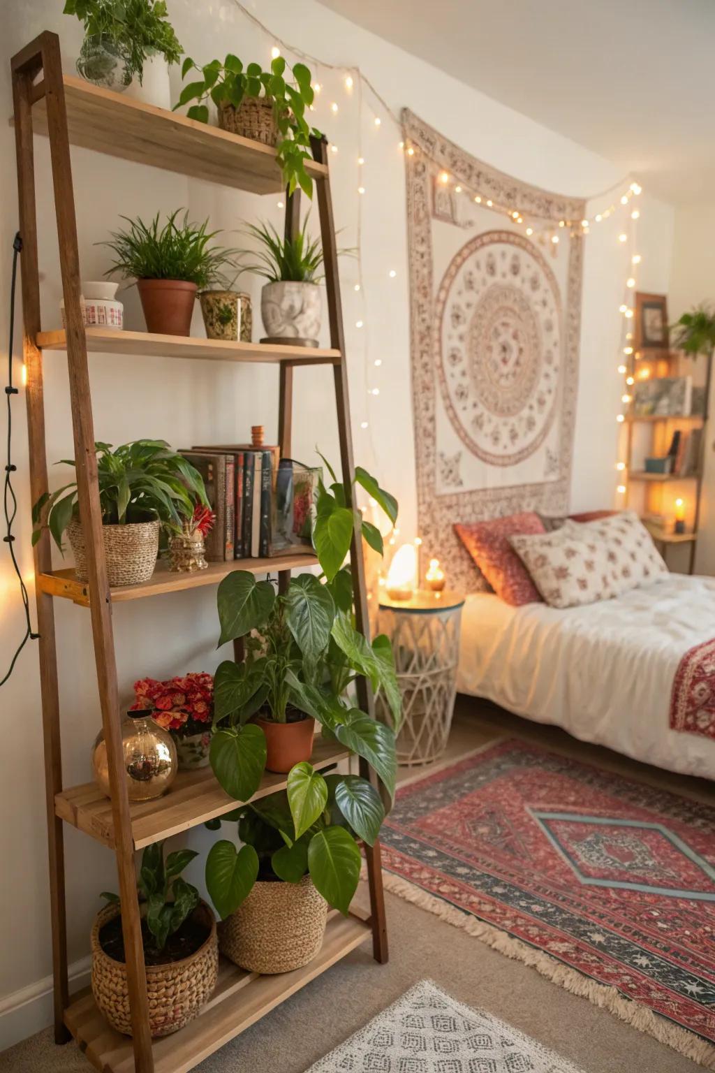 A plant shelf adds greenery and personal touches to the room.
