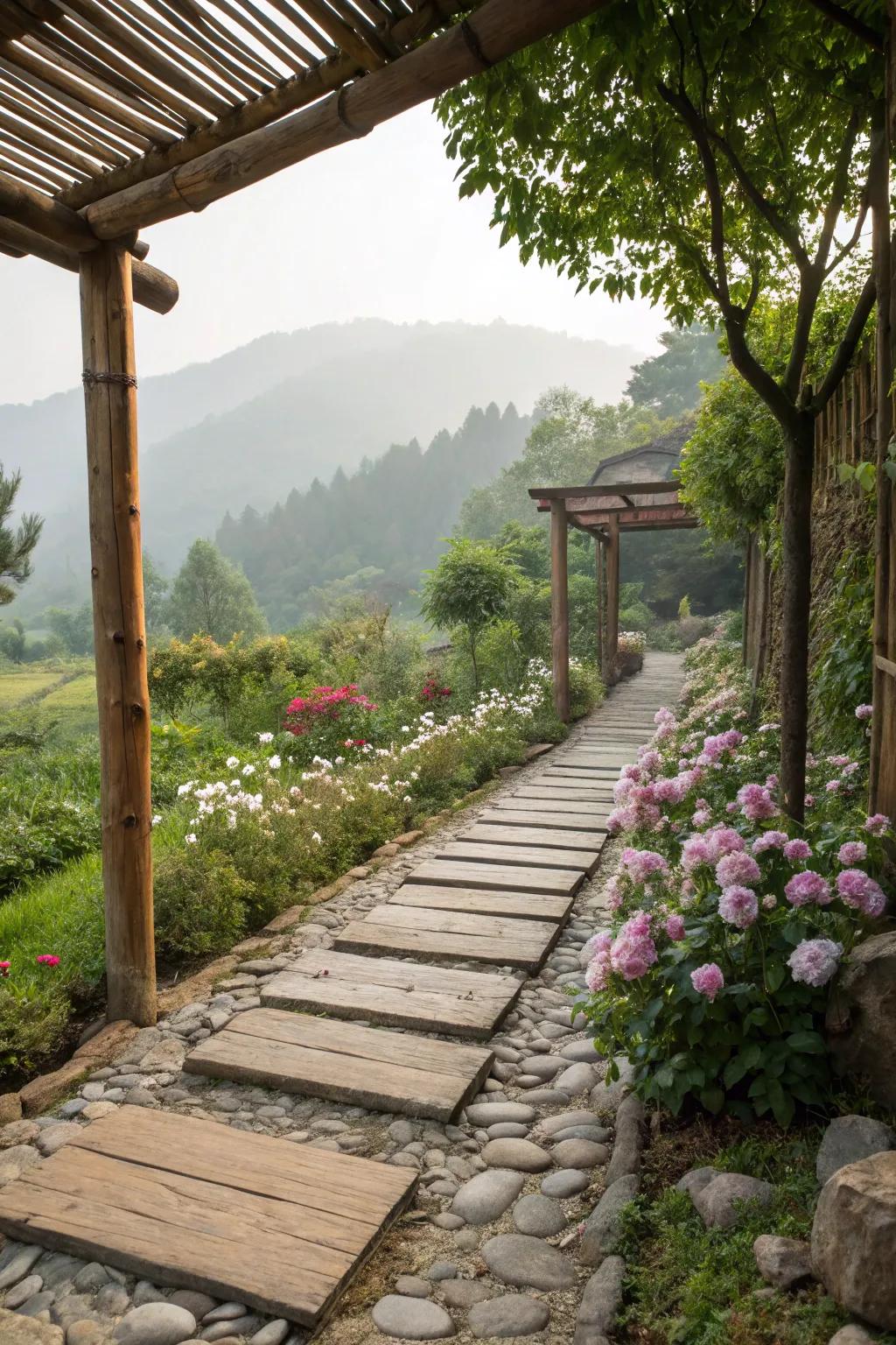 A stone walkway elegantly combined with wood.