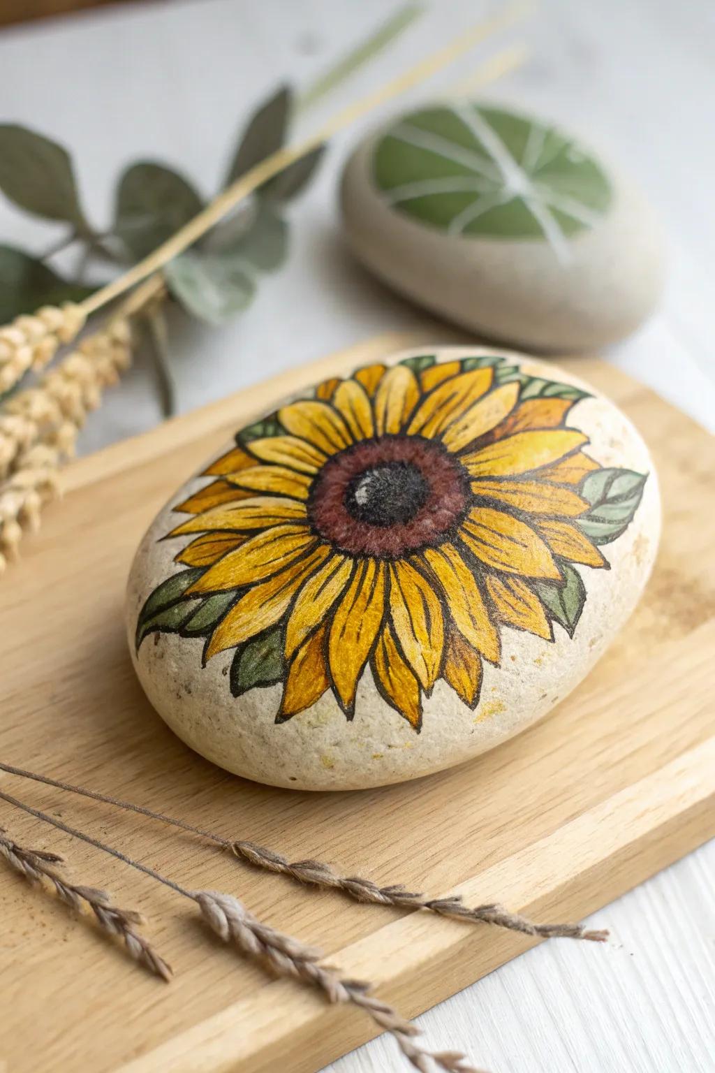 Bring the warmth of summer indoors with this stunning sunflower rock art, a perfect blend of minimalist elegance and boho charm.