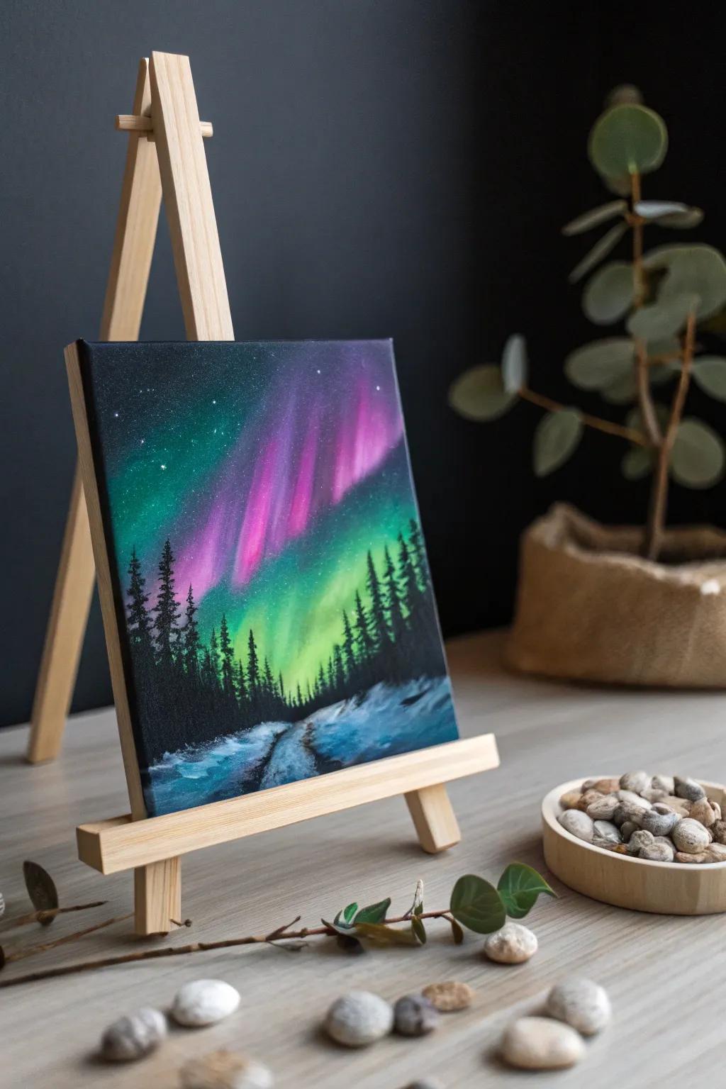 Capture the ethereal beauty of the Northern Lights with a minimalist touch.